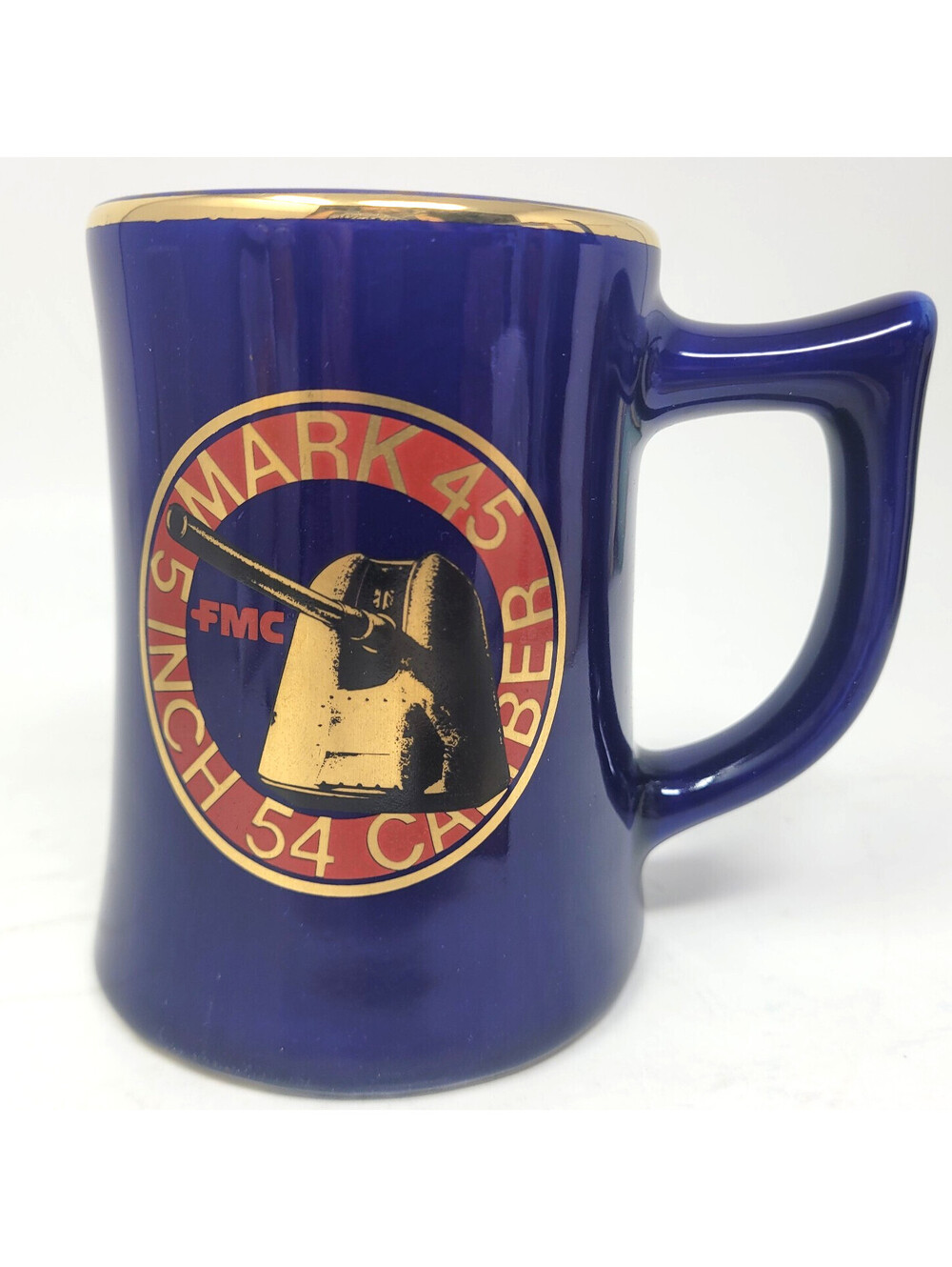 Vintage FMC Mark 45 5 Inch 54 Caliber Navy Gun Coffee Mug Mk 45 Cobalt Gold Rim